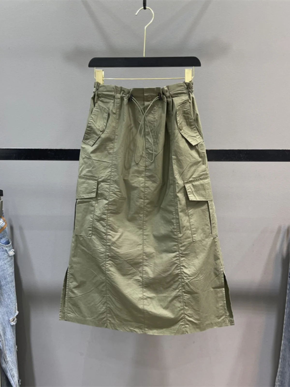 Lightweight Casual Workwear  Skirt with Drawstring Waist And Pockets for Women High Waist A-Line Silhouette Cotton Blend