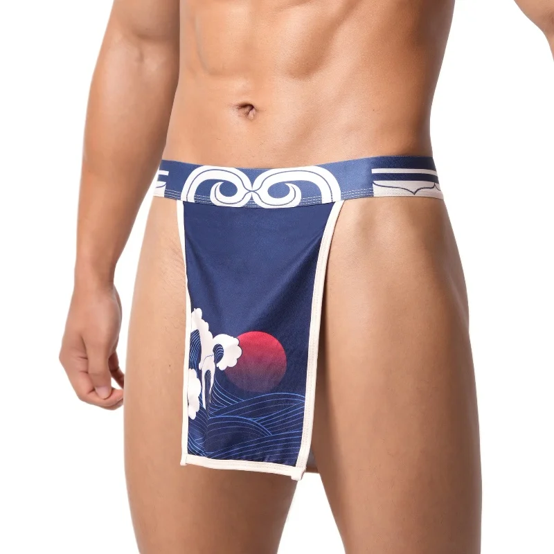 Men's Sexy Underwear Japanese Sumo Two-Piece Panties Side Open High Fork Low-Rise Underpants Fashion Printed Night Performance