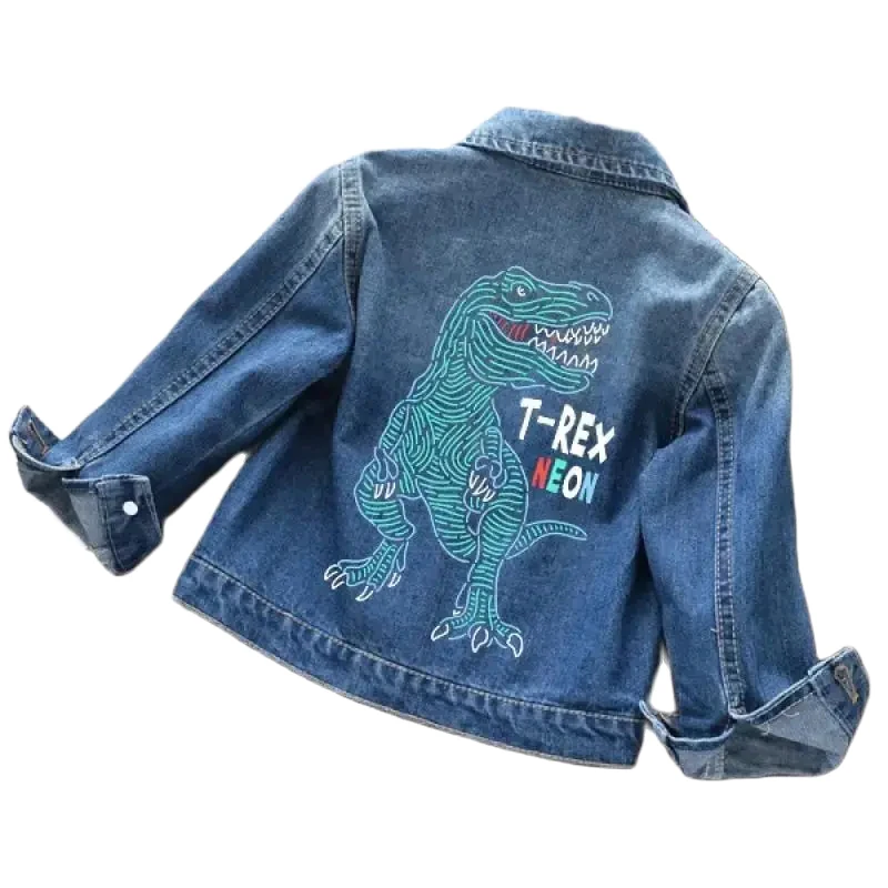 Boys and Girls Spring and Autumn Season New Love Dinosaur Unicorn Cartoon Print Flip Collar Cartoon Cute Fashion Denim Coat