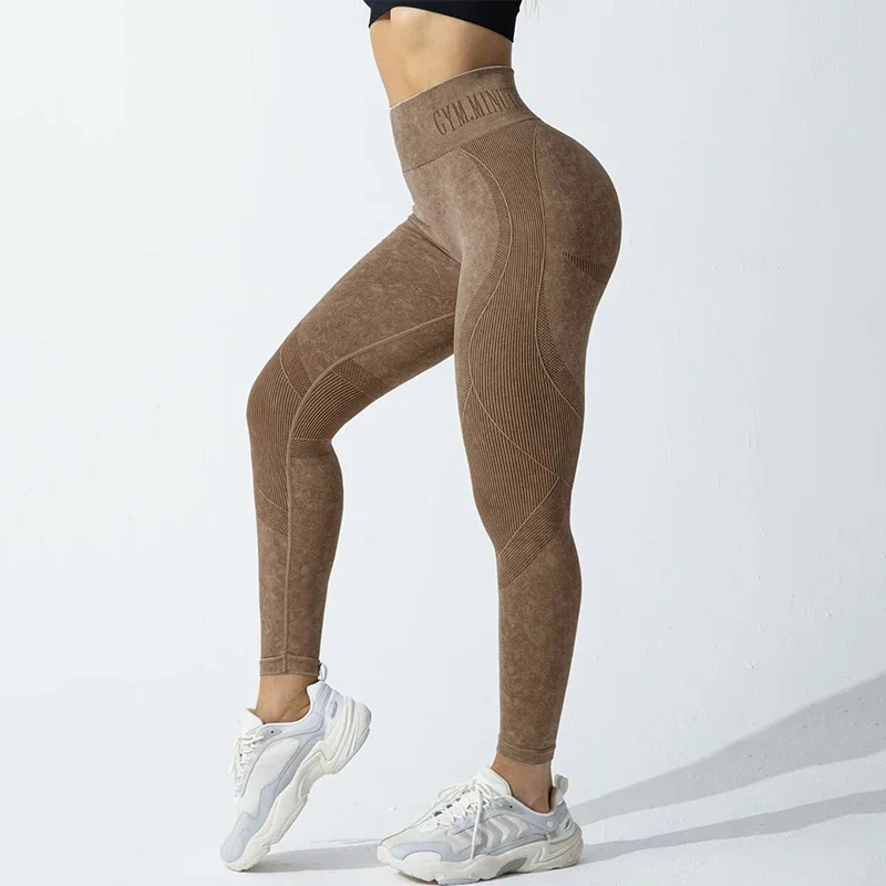 Frauen Nahtlose Turnhalle Hohe Taille Yoga Hosen Hüfte Heben Outdoor Sport Enge Taille Brief Sand Gewaschen Hosen Übung Yoga Leggings – Detail 9