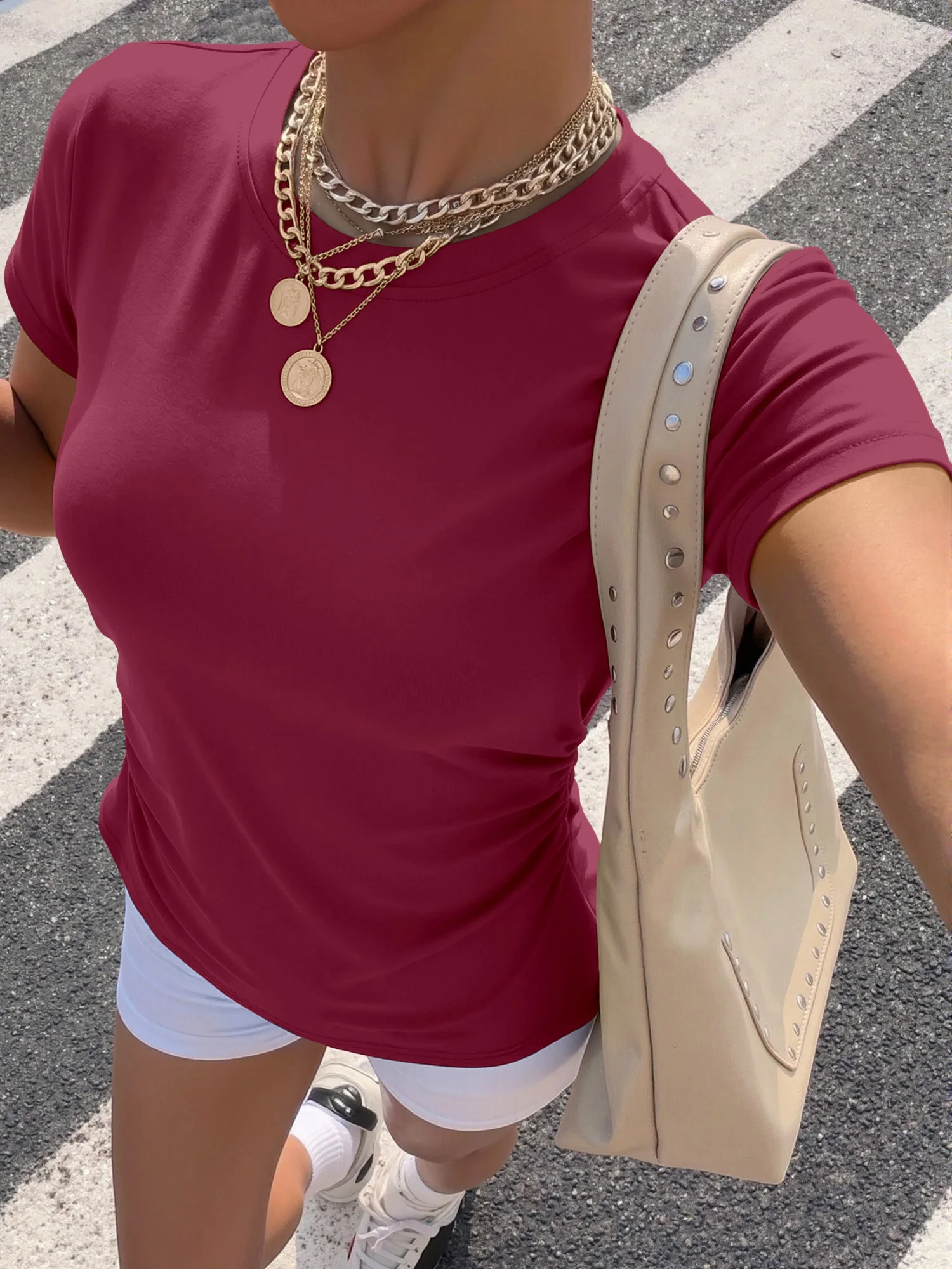 Casual Street Style Ladies Solid Knit T‑Shirt Crew Neck Short Sleeve Side Gathered Waist Body‑Hugging Elastic Summer Tops