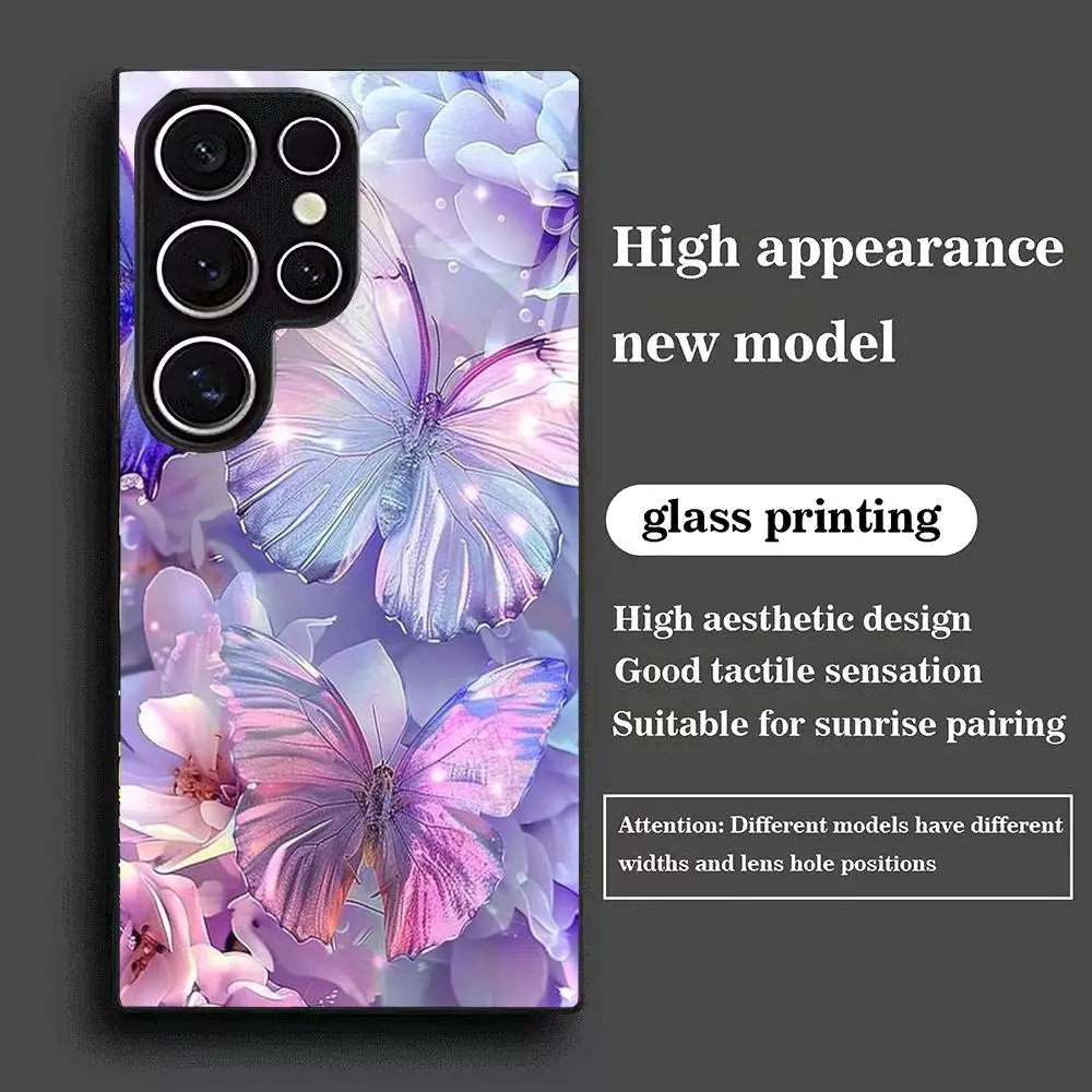 Light purple butterfly tempered glass phone case suitable for Samsung Galaxy S26 S25 S24 S23 S22 S21 S20 FE/Ultra/Plus anti drop