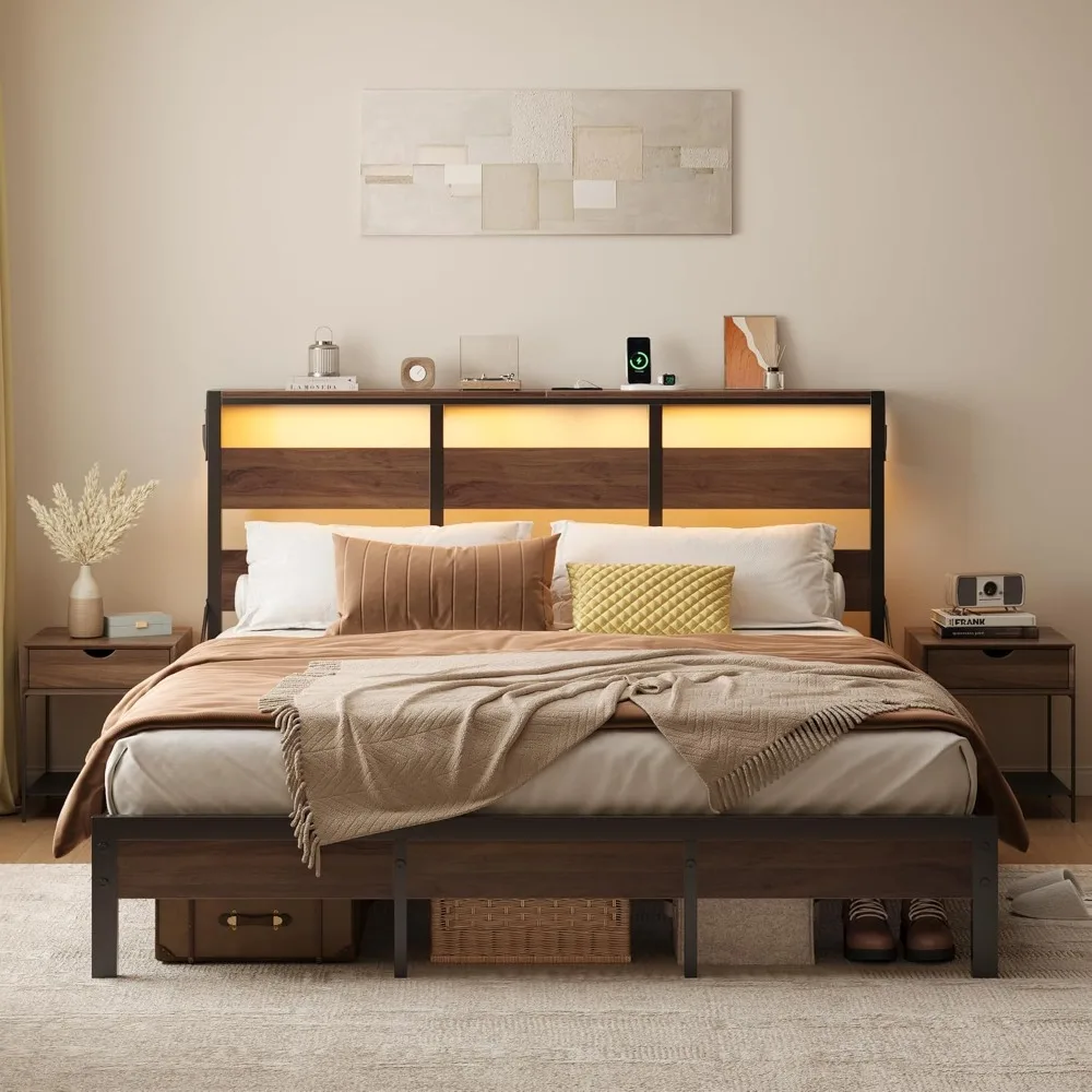 Bestier Full Bed Frame with Headboard Storage and Charging Station, Walnut Platform Bed Frame with LED Light, Non-Slip Metal Bed