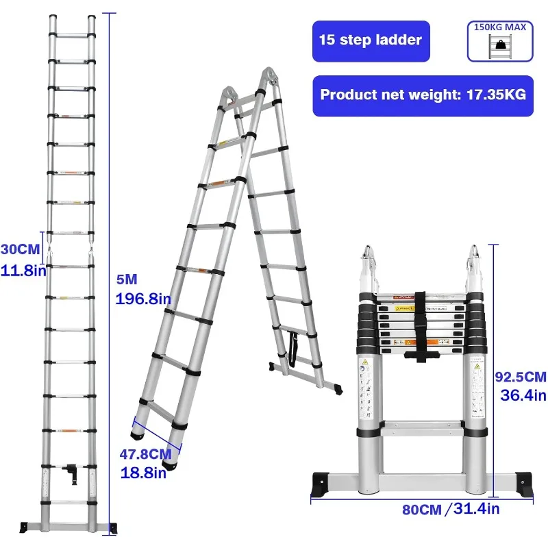 Telescopische Ladder 16.5ft, A-Frame Aluminium Verlengladders Met Stabilisatorstang, Draagbare Multifunctionele Inklapbare Ladder