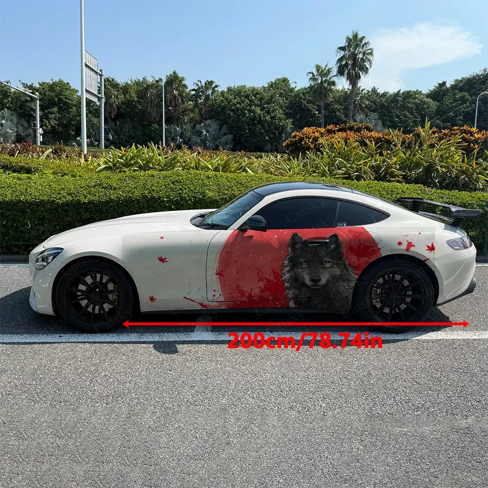 2pcs Grey Wolf Bright Red Splatter Car Side Wraps, Self-Adhesive PVC Waterproof & Scratch-Resistant Stickers, Car Accessory Gift