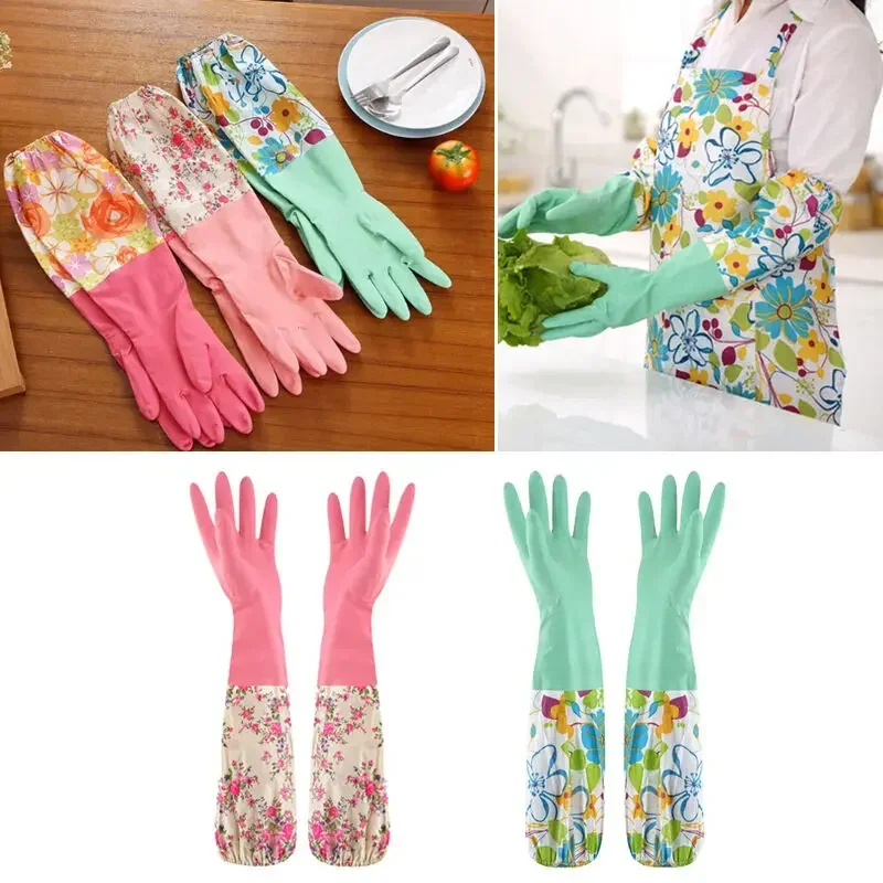 Flower Rubber Velvet Long Gloves Household Antiskid Washing Cleaning Dish Finger protector Gloves disposable Dishwashing gloves