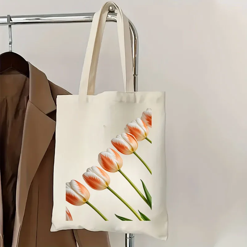 

Large Beige Canvas Tote Bag with Tulip Design - High Quality，Foldable，Shoulder carry for travel and everyday use，The perfect gif