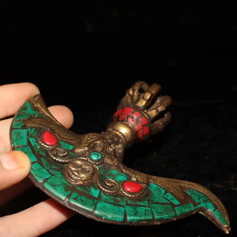 Tibetan Brass Buddhist Red Coral Turquoise Dorje Ax Phurpa Pestle Vajra Amulet #2