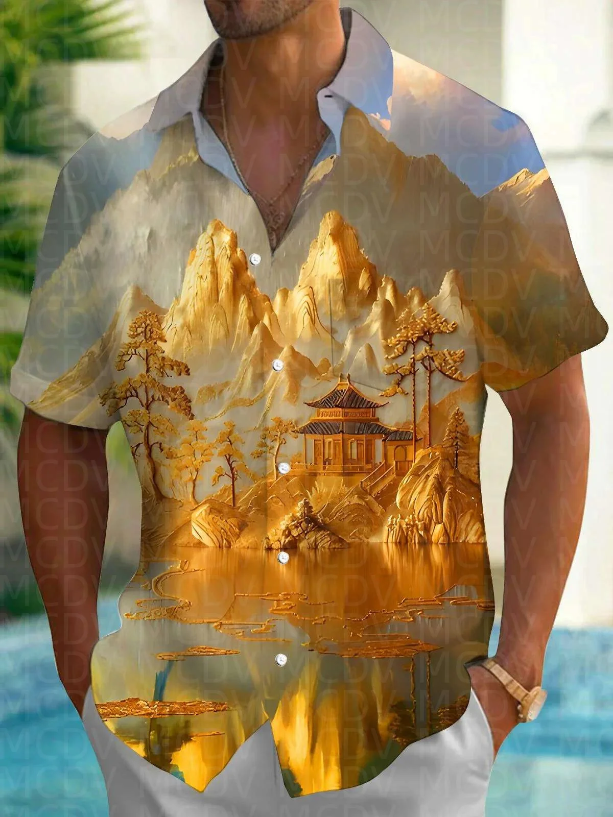 Chinese-style temple Pattern Men's Hawaiian Shirt Stretch Easy Care Camp Shirt Big Tall