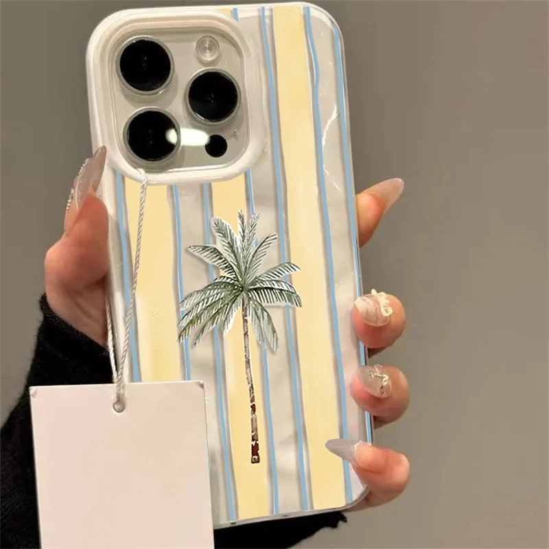 

Cute Palm Tree Striped Summer Wavy Phone Case for iPhone 17 16 15 Plus 14 Pro 13 12 11 Pro Max 17 Air Soft TPU Shockproof Cover