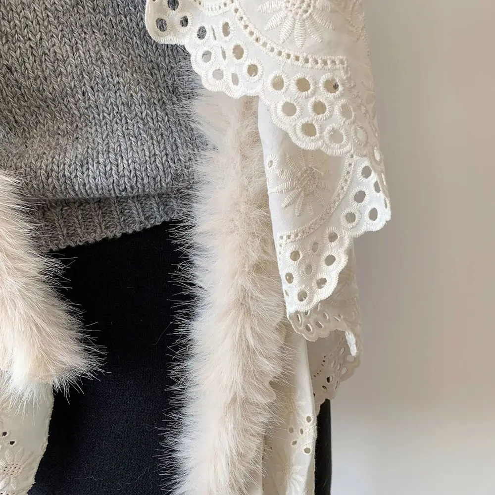 Fashion Black White Y2K Scarf Neck Warmer Hot Girl Hottie Lace&Hairy Scarf Neck Warmer Autumn Winter Spring