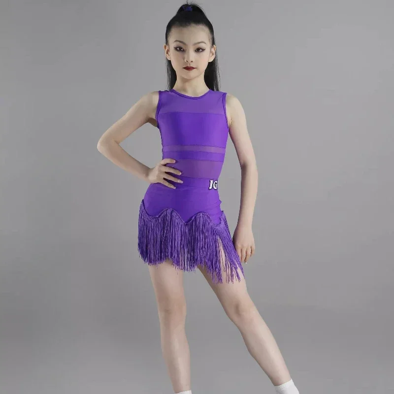 1 pieza/lote de vestido de baile latino morado de verano para niñas, Color sólido Sexy, vestido de baile de Tango con precisión