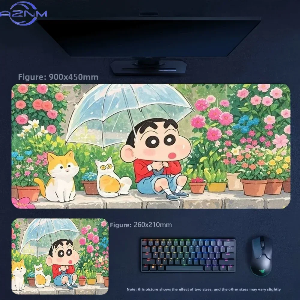 Anime Crayon Shin-chan Holding Umbrella with Cats Rainy Day Large Mousepad Rubber Non-Slip Gaming Desk Mat Keyboard Pad for Home