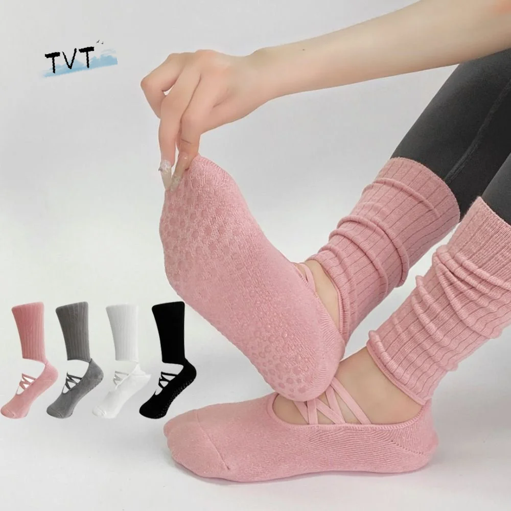 

Breathable Fabric Grip Pilates Socks Sweat-absorbent Strappy Design Strappy Grip Sock Comfortable Mid Tube Length