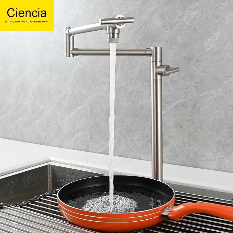 Ciencia Brass Kitchen Faucet Deck Mount Two Handle Folding Stretchable Pot Filler Faucet for Cold Water Only