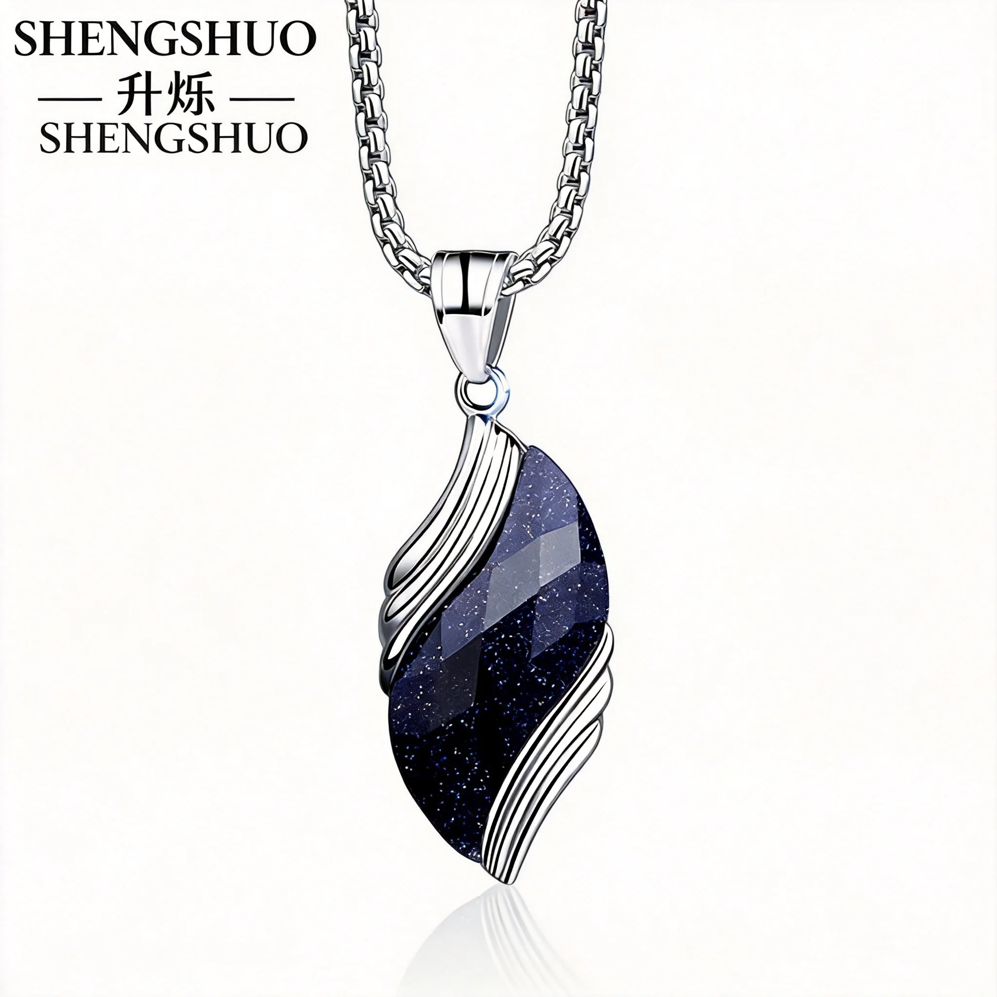 Lucky Blessing Chinese Style Blue Sandstone Titanium Steel Men Necklace 60cm Fadeless Stainless Steel Pendant Fortune Amulet Tre