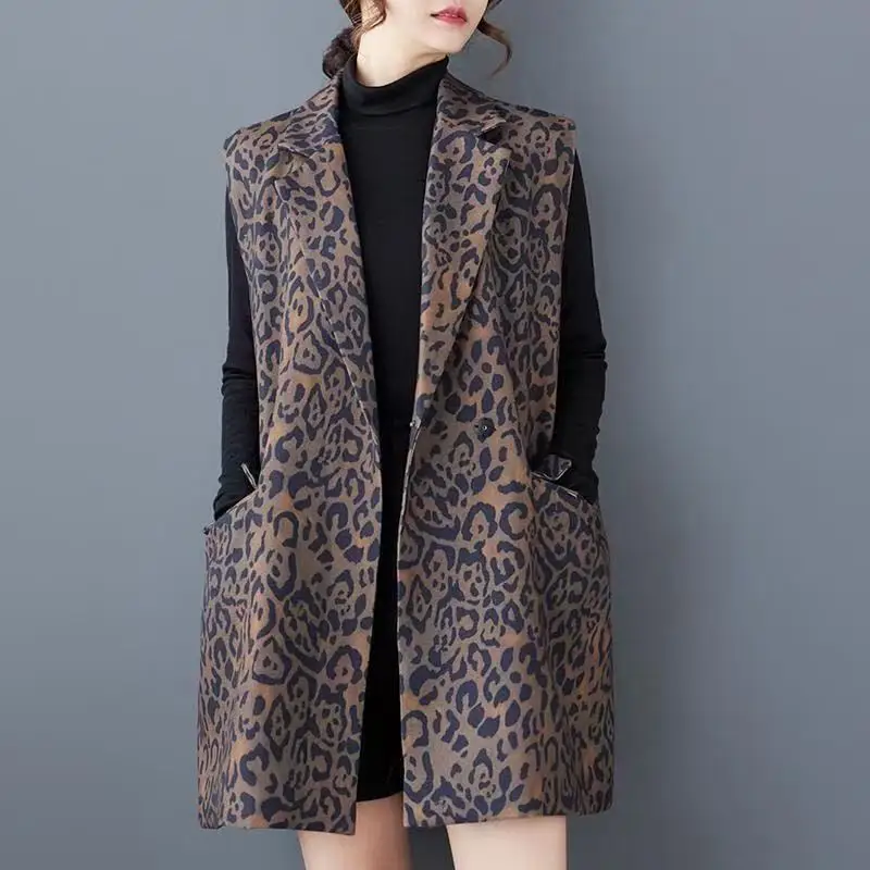 

Весенне-осенний новый жилет с леопардовым принтом и воротником-стойкой 2026 года, модный, в гонконгском стиле, свободный, длинный, без рукавов, женский жилет-куртка
