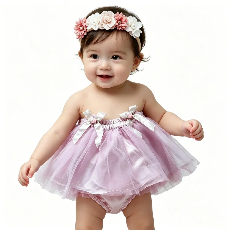 3-teiliges rosa Tüllrock-Set für Babys mit Bloomer und Blumen-Stirnband, Neugeborenen-Outfit für Geburtstagsfeiern von 0–24 Monaten – Detail 1