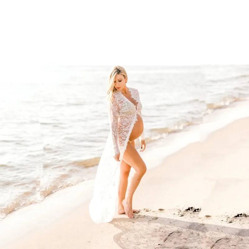 

European & American Maternity Photoshoot Lace Maxi Dress - Front Open Lace Train Gown for Pregnant Women Photography