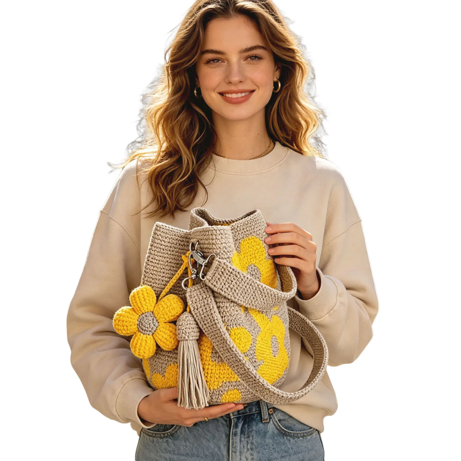 

Knit Floral Purse Bag Lightweight Boho Beach Handbag with Flower Tassel Hand-Crochet Woven Summer Beach Bag for Women Vacation