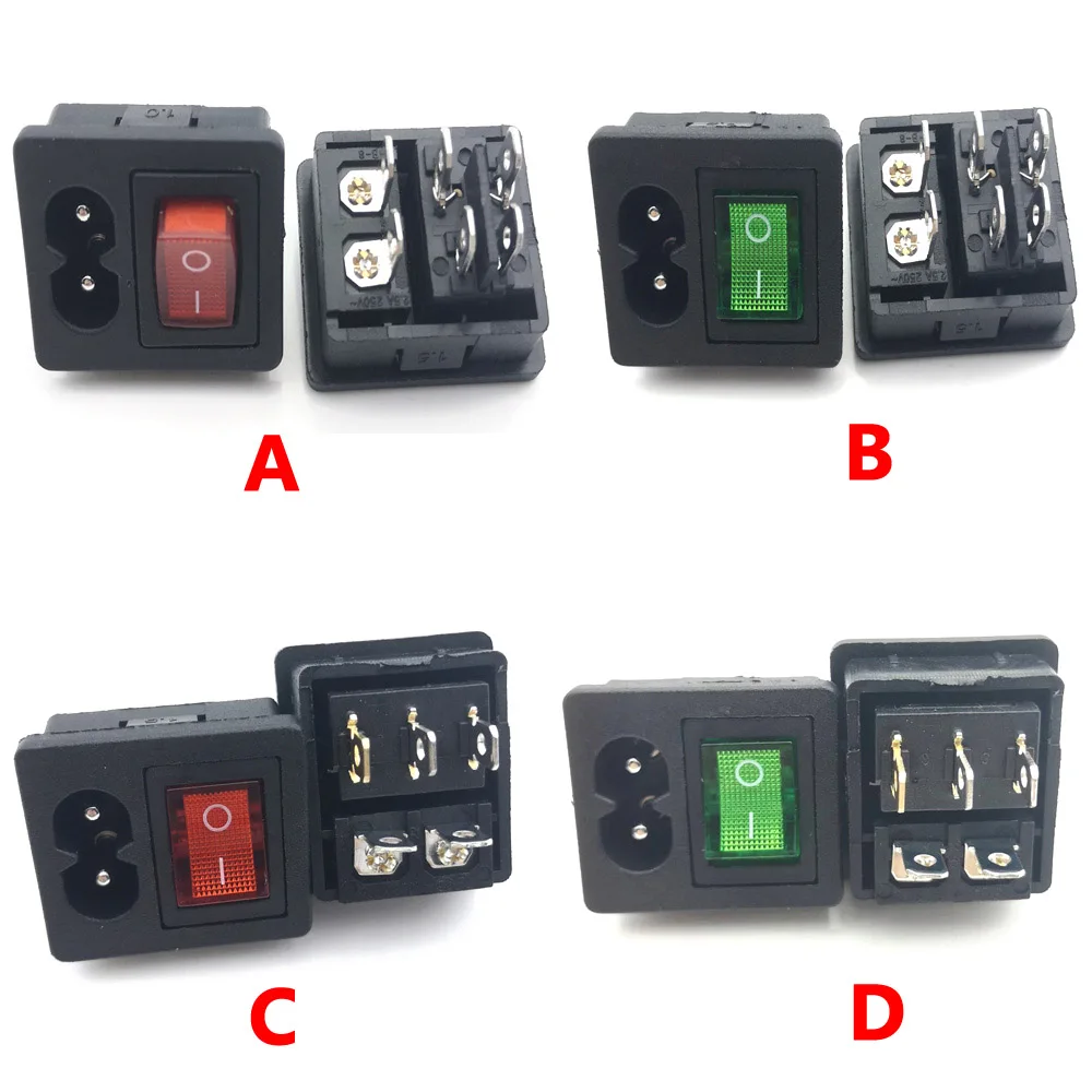 250V 20A household appliances Red Rocker Switch Fused C8 Inlet AC Power Socket Fuse Switch Connector 2pin Plug Male Connector