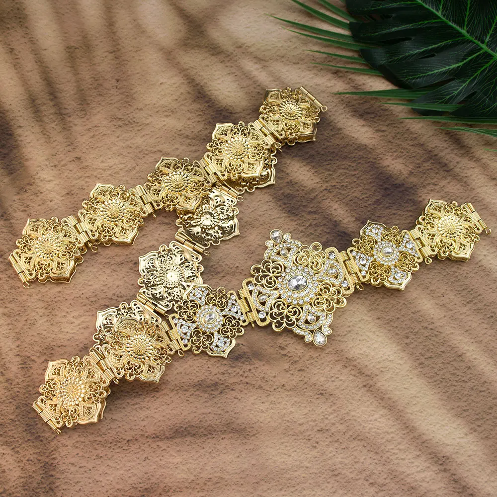 Goldfarbene arabische marokkanische Kaftan-Taillengürtelkette für Damen, Kristall-Brautschmuck, europäischer Hofschmuck.