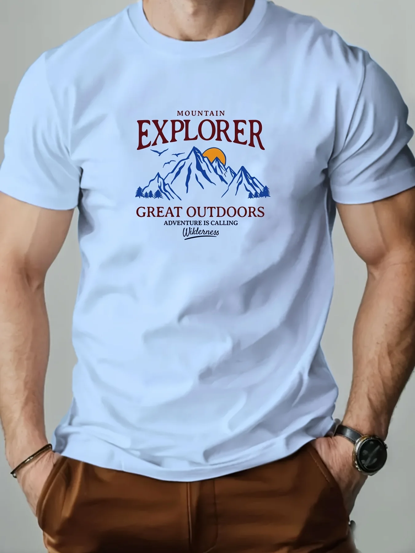Men's Summer 100% Pure Cotton Fashionable Casual Loose Mountain Explorer Mountain Sunset Goose Round Neck Short Sleeved T-Shirt