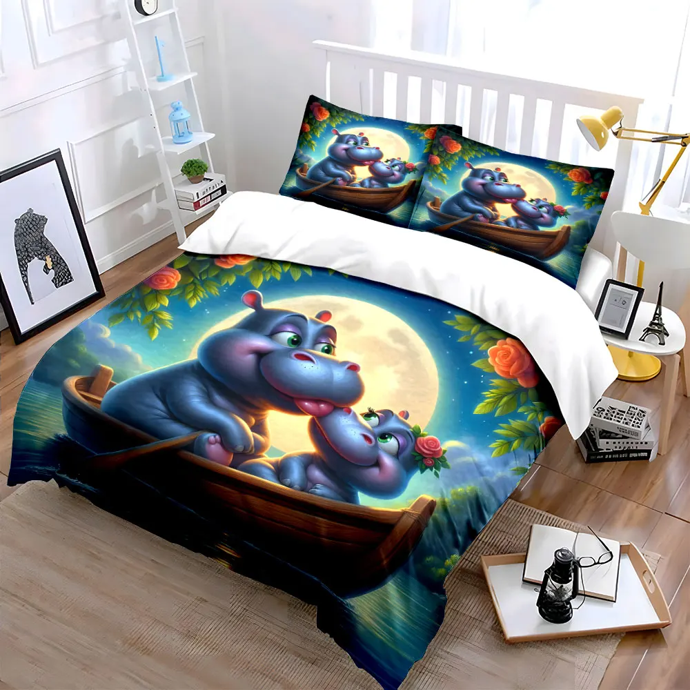 Romantic hippos in moonlit boat Print Bedding Set 1 Duvet Cover 2 Pillowcases for Adult and Children Luxury Gift Full Size
