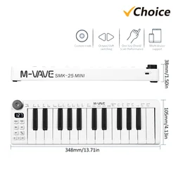 M-VAVE SMK-25mini MIDI Keyboard Rechargeable 25-Key MIDI Control Keyboard instrument Mini Portable USB Keyboard MIDI Controller