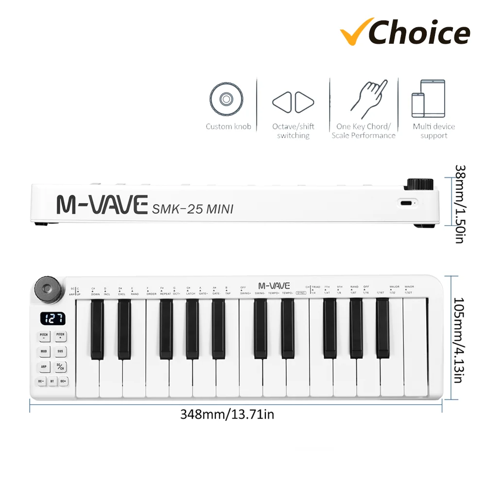 M-VAVE SMK-25mini MIDI Keyboard Rechargeable 25-Key MIDI Control Keyboard instrument Mini Portable USB Keyboard MIDI Controller