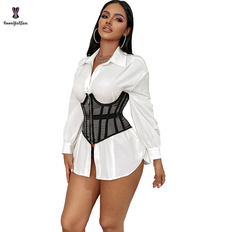 Summer Going Out Cincher Shaper Front Zipper See Through Mesh Lace Up Boned Underbust Corset Open Cup Waist Trainer Bustier