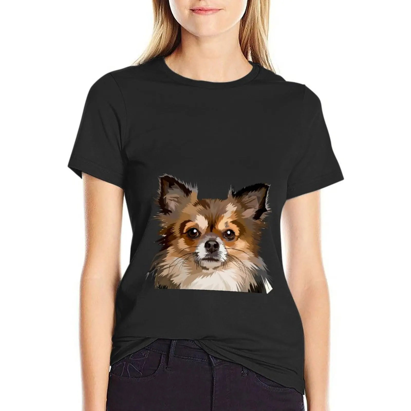 長髪チワワブラウンヘッドフェイス Tシャツプラスサイズ半袖 Tシャツ Tシャツ女性のための綿
