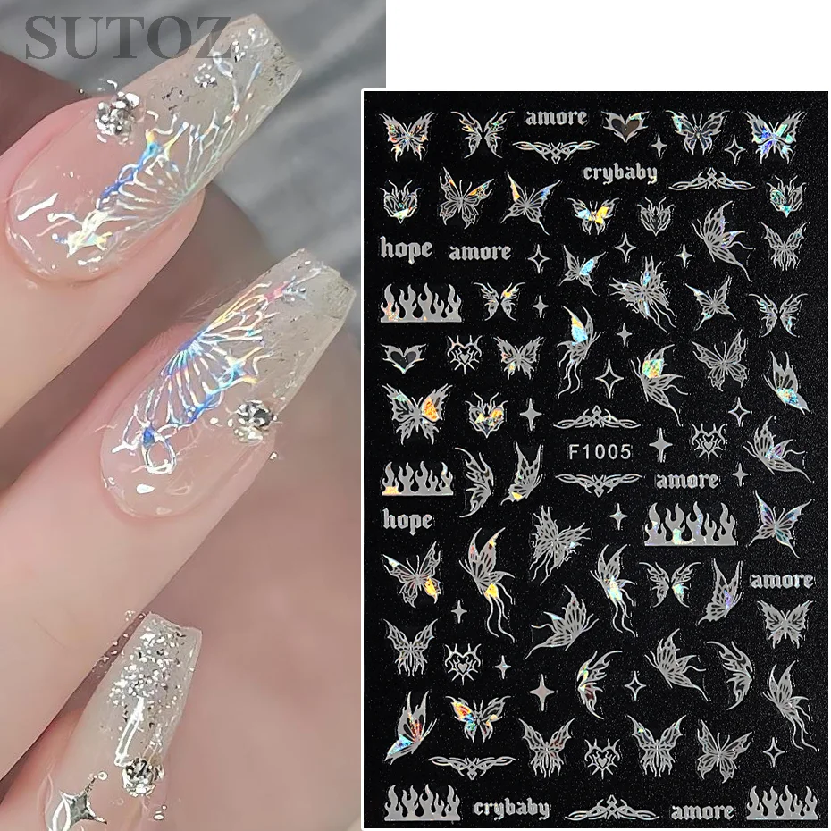 Vlinder Nail Art Stickers Vloeibare Lichtgevende Holle Zwart Roze Aurora Laser Vlinder Nail Stickers Decoratie F1005