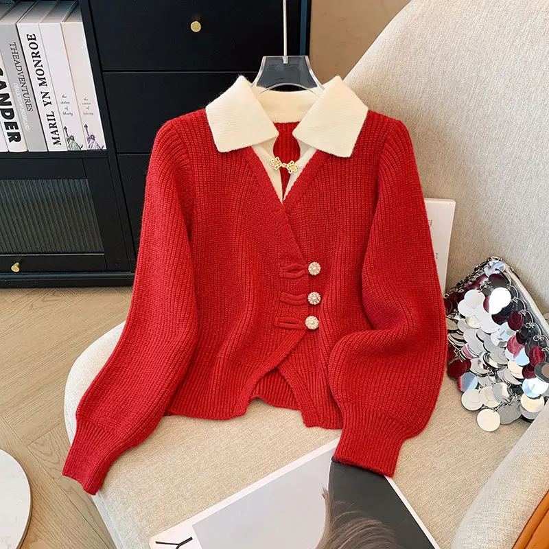 Topenomi Knitted Cardigan Women Autumn Winter Fake Two Patchwork Button Chic Sweater Solid Fashion Versatile Long Sleeve Jumper