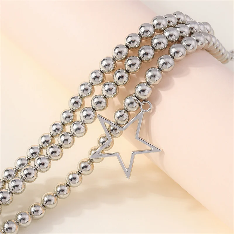 Aihua Mehrschichtige Perlenkette mit runden CCB-Kugeln für Damen, Statement-Halskette mit Sternanhänger, Choker, Y2K-Schmuckgeschenke – Detail 5