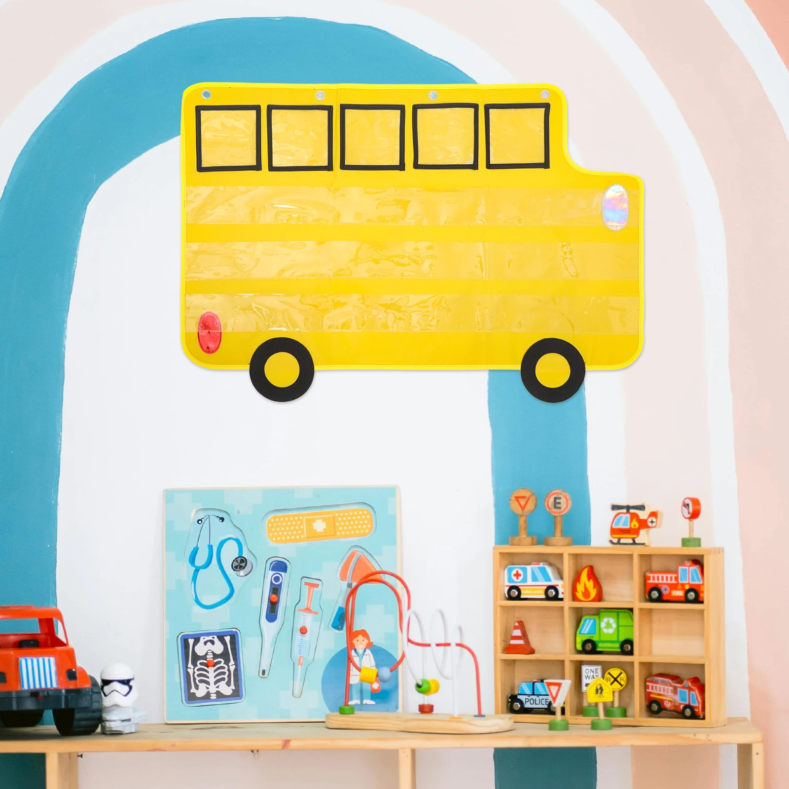 مخطط جيب واسع على شكل حافلة، حل تخزين للفصل الدراسي، منظمة المعلم، أنشطة محو الأمية، أداة تعليمية