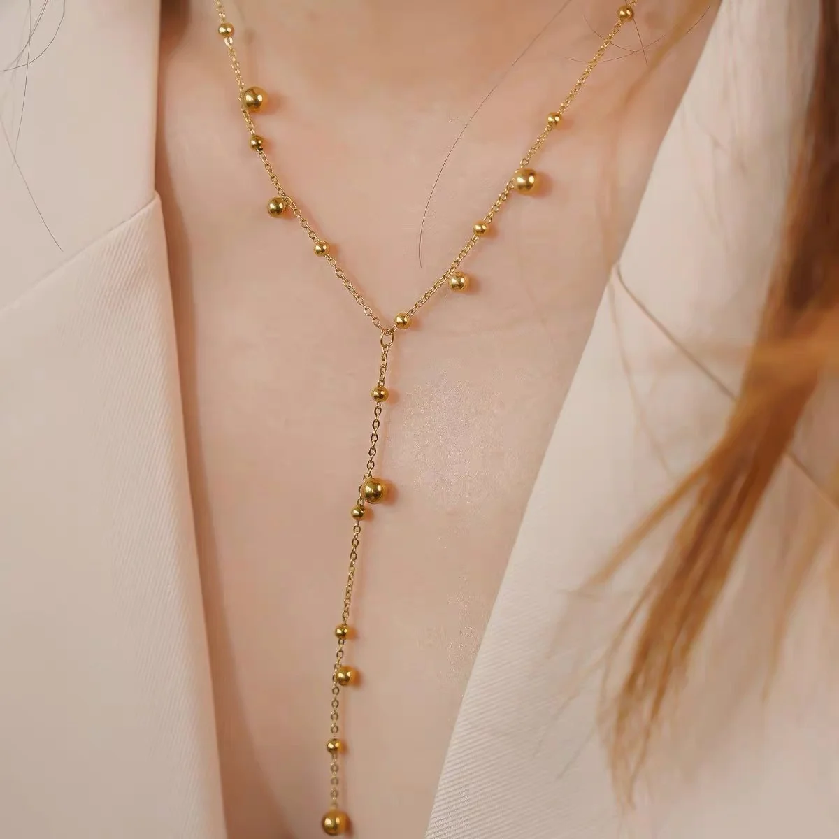 Stainless Steel Lariat V-Neck Necklaces Gold Plated Dainty Long Tassel Round Ball Drop Layered Collier for Women Simple Jewelry