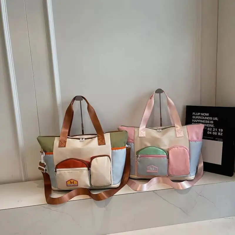 

New Fashion Dopamine Color-Blocking Large Capacity Tote Bag Waterproof Nylon Handheld Crossbody Bag Casual Fitness Travel Bag