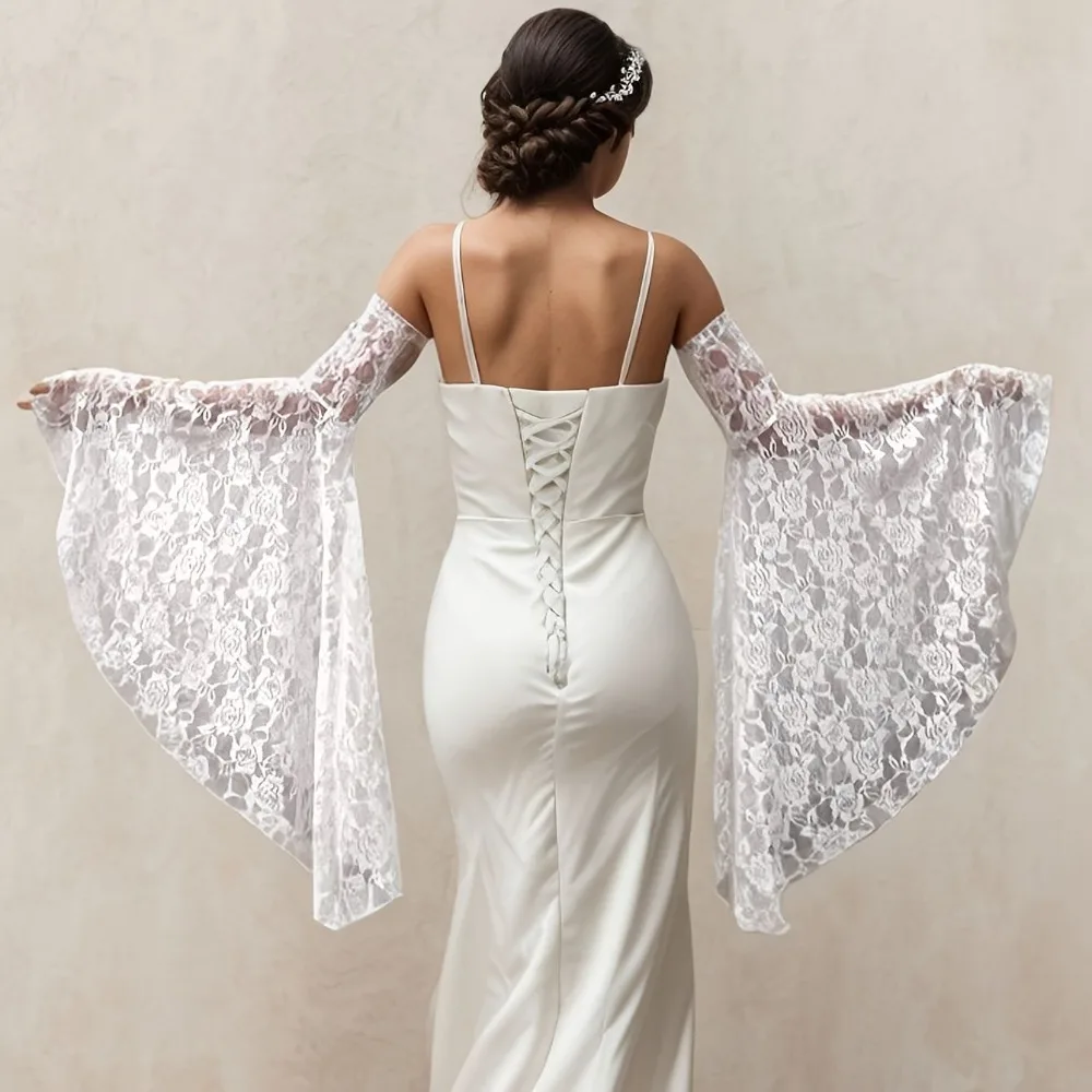 Gothic White Gloves Lace Embroidered Trumpet Sleeves for Bride Wedding Dresses Wedding Accessories Fingerless Opera Lace Gloves