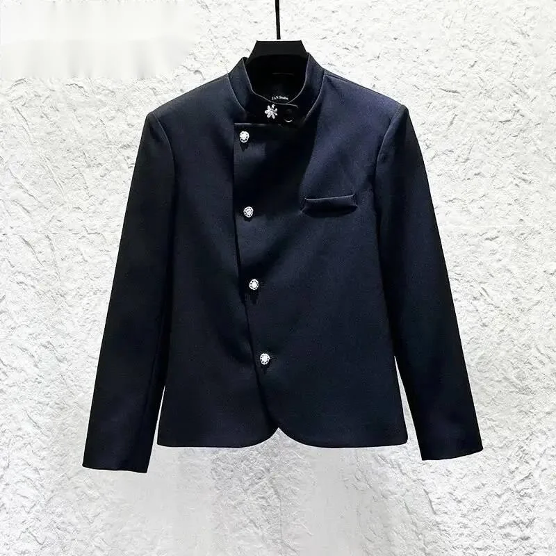 Diagonal Buttons Niche Design Men's Jacket New Chinese-style Stand-up Collar Shoulder-padded Long Sleeve Male Coats XSE5