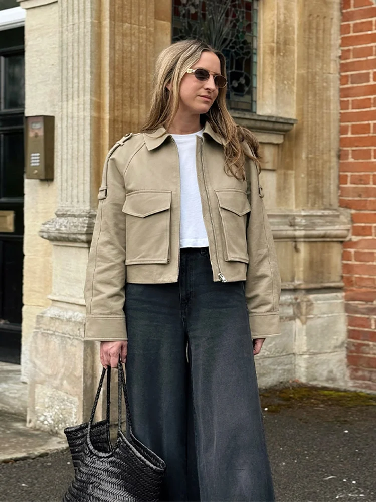 

Fashion Khaki Short Jacket For Women Big Pockets Zipper Long Sleeve Female Coats 2025 Spring Autumn Lady Vintage Outwear