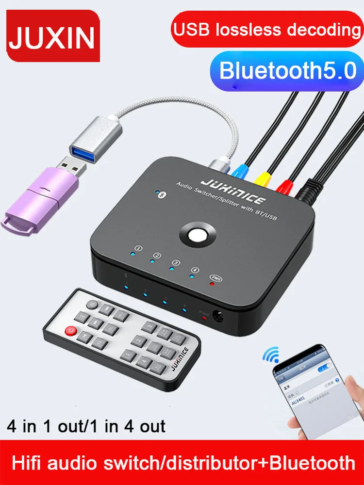 Conmutador auxiliar estéreo 3 en 1, receptor de música inalámbrico, Bluetooth 3,5, adaptador de Audio, HIFI, 4 puertos, 5,0mm