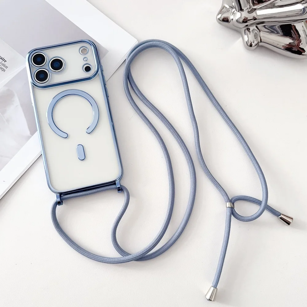 Luxuriöse Halskettenschnur-Lanyard mit magnetischer, transparenter Handyhülle für iPhone 18 17 16 14 11 12 13 15 Pro Max für Magsafe Cover