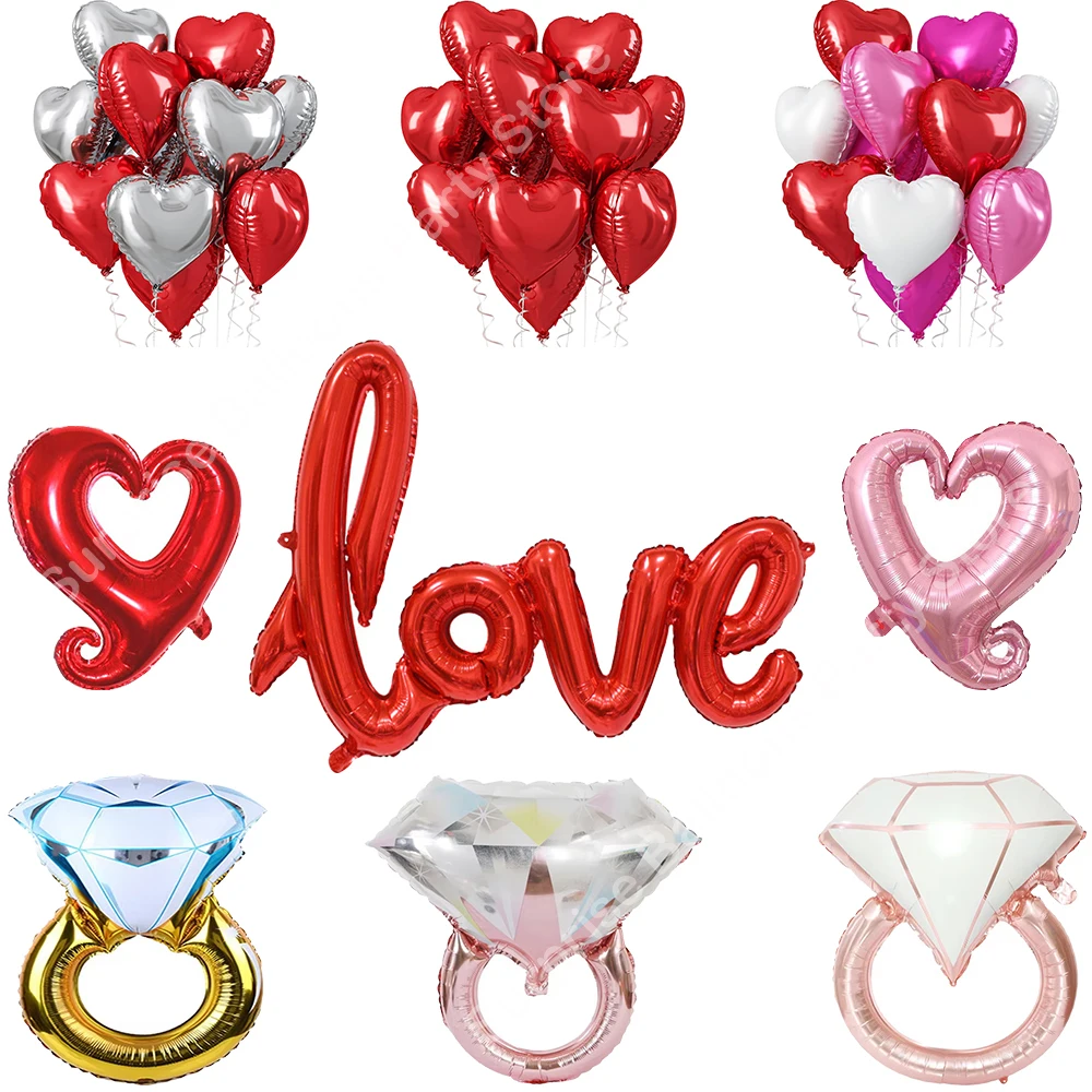 Red LOVE Foil Balloons Heart Diamond Ring Foil Balloon Valentines Day Wedding Bridal Shower Decoration Anniversary Helium Globos