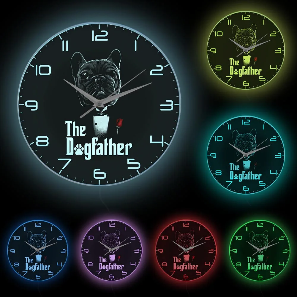 The Dogfather LED Lighting Wall Clock For French Bulldog Dad Frenchie Papa With Rose Glow Neon Sign Wall Clock Father's Day Gift