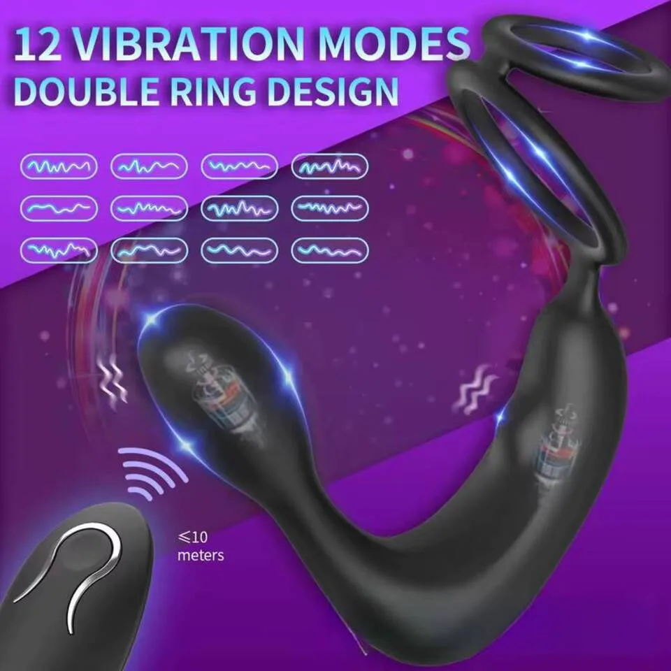 Wireless Remote Control Double Ring Lock Body-safe Silicone 12 Vibration Modes Prostate Massager Stimulator Dilator Butt Anal view 3