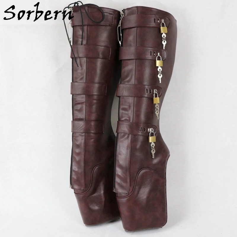 

Sorbern 8 Locks 18CM Ballet Boots Women Wedge Hoof Heelless Fetish Slave Lockable Zipper Knee High Boots Multi Colors