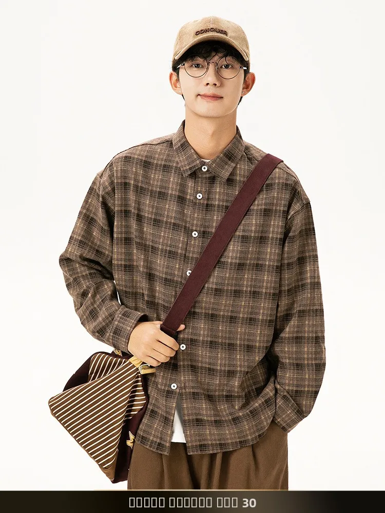 

Retro Contrast Color Plaid Collar Men's irt Jaet Loose Long Sve Autumn Faion Brand Couple Sle Casual Polyester Blend