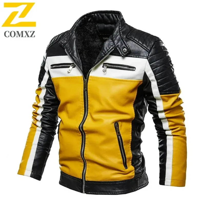 

COMXZ Casual Men PU Leather Jacket Splicing Outdoor Cycling Wind Resistant Zip Up Windbreaker Slim Fit Fur Lined Motorcycle Coat