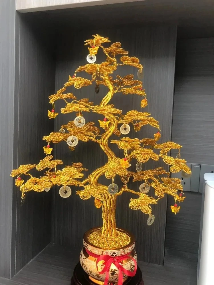 Golden Wealth Tree Ornament/Home Feng Shui Decoration/Handmade Weaving/Gift Attraction for Wealth Desk Decoration